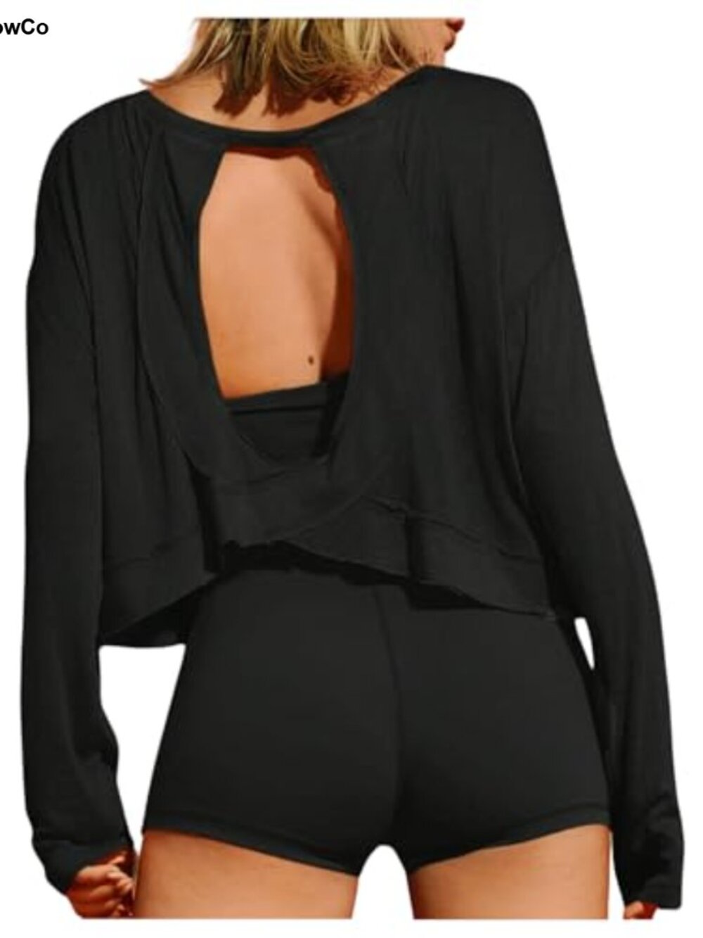 Women's Crop Top Open Back Long Sleeve Crewneck Loose Fit Athletic Tee